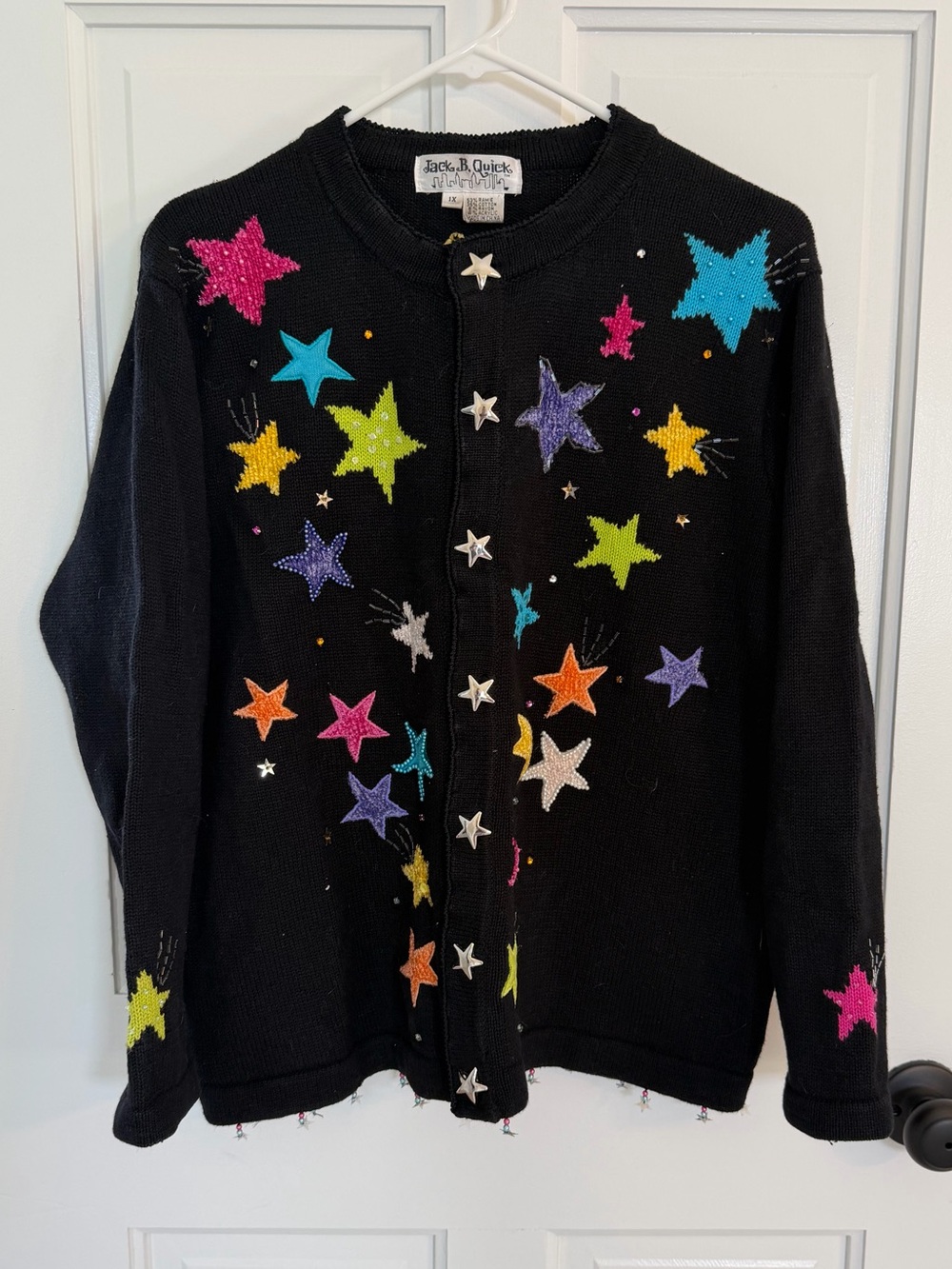 Vintage Jack B Quick 1X Black Rainbow Star Embellished Cardigan Sweater